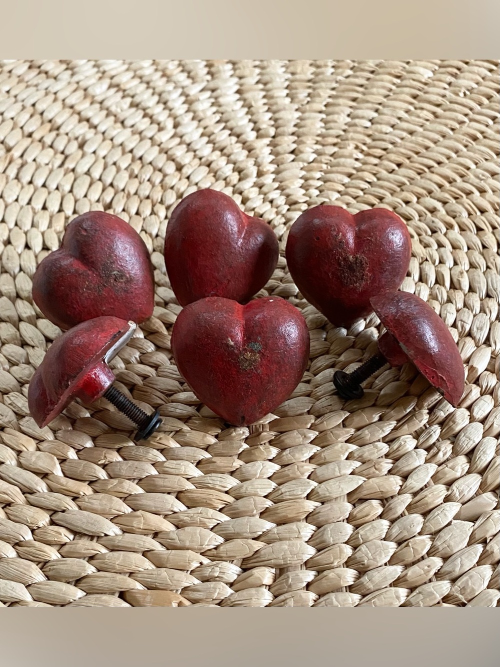 Vintage Drawer Knobs Pulls Red Cast Iron Heart Set of 6 Distressed